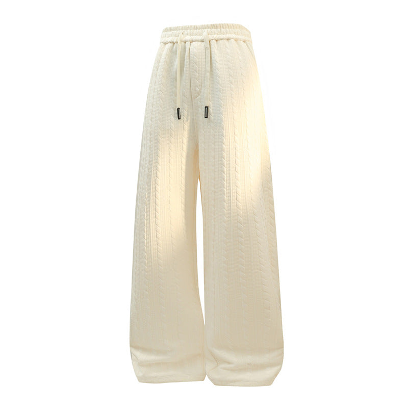 Women's Wide Knitted Lounge Pants with Cable Pattern, Drawstring Waist & Relaxed Silhouette Mune Fashion