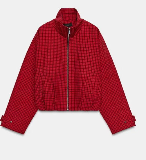 Women's Cropped Bomber Jacket with Stand-up Collar, Check Pattern and Elastic Hem Mune Fashion