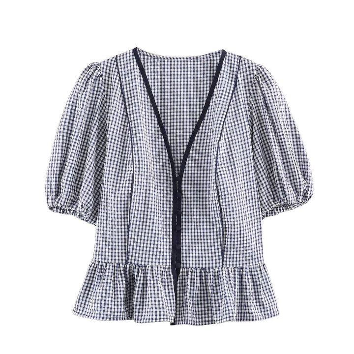 Women Checked V-Neck Blouse with Puff Sleeves and Ruffle Hem Mune Fashion