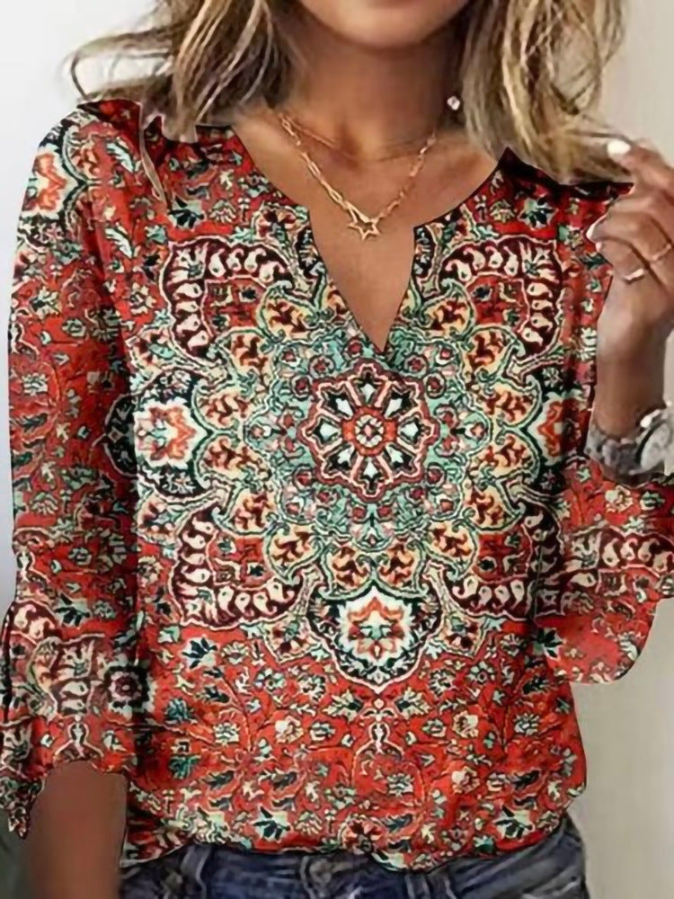 Women's Boho Tunic Blouse with Mandala Print, V-neck and three-quarter sleeves Mune Fashion
