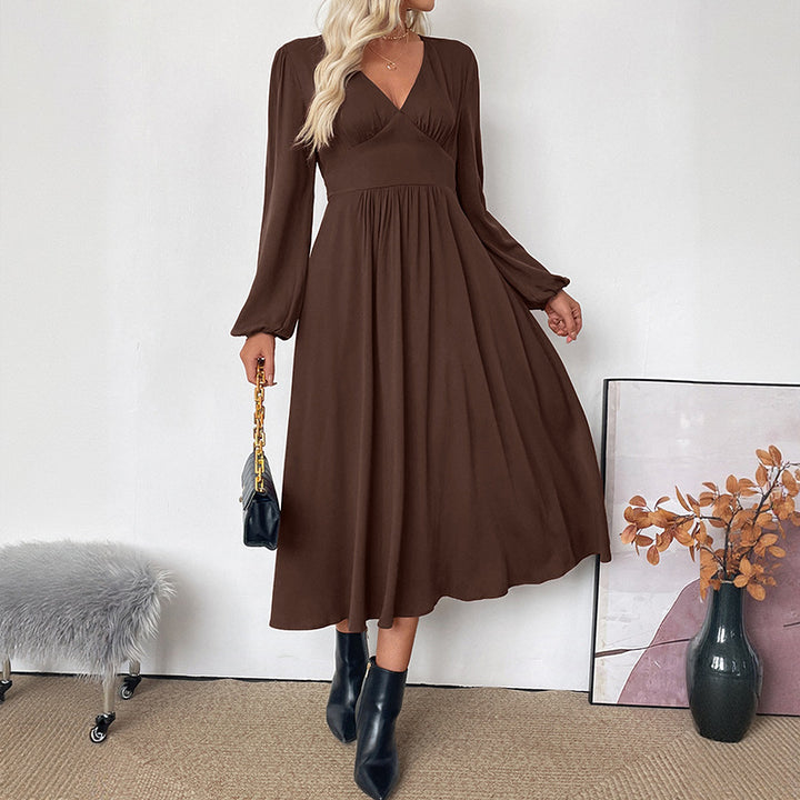Women's maxi dress wrap look with V-neck, empire waist and long balloon sleeves Mune Fashion