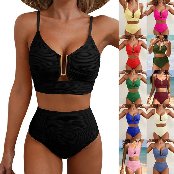 Women's High-Waisted Bikini Set with Fashionable Cut-Out Mune Fashion