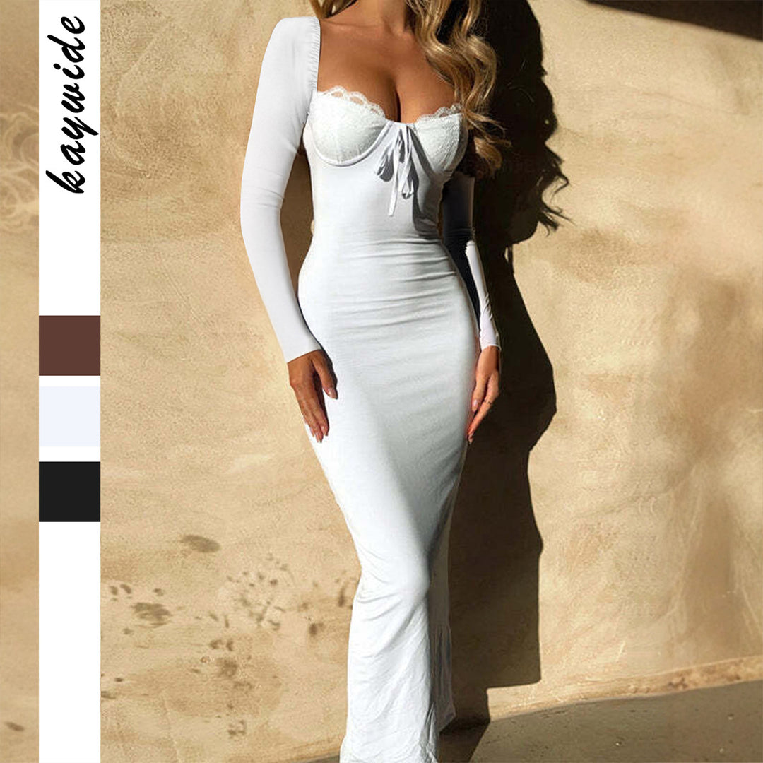 Women's fitted bodystyle maxi dress with lace bustier, lacing detail, and light train effect Mune Fashion