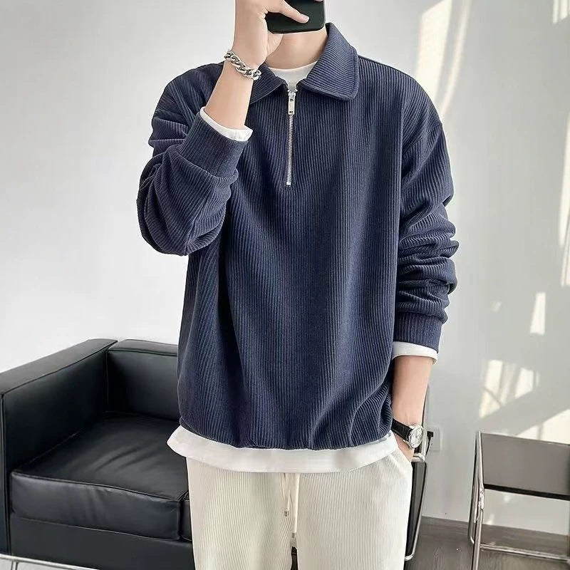 Men's Ribbed Pullover with Half-Zip and Polo Collar Mune Fashion