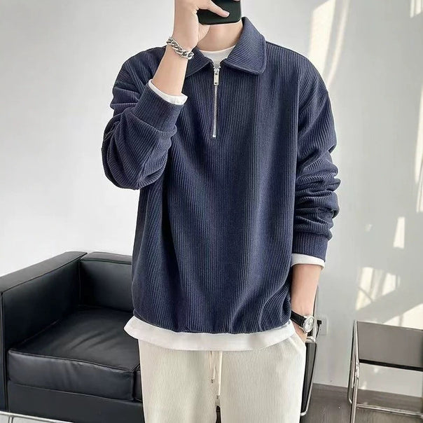 Men's Ribbed Pullover with Half-Zip and Polo Collar Mune Fashion