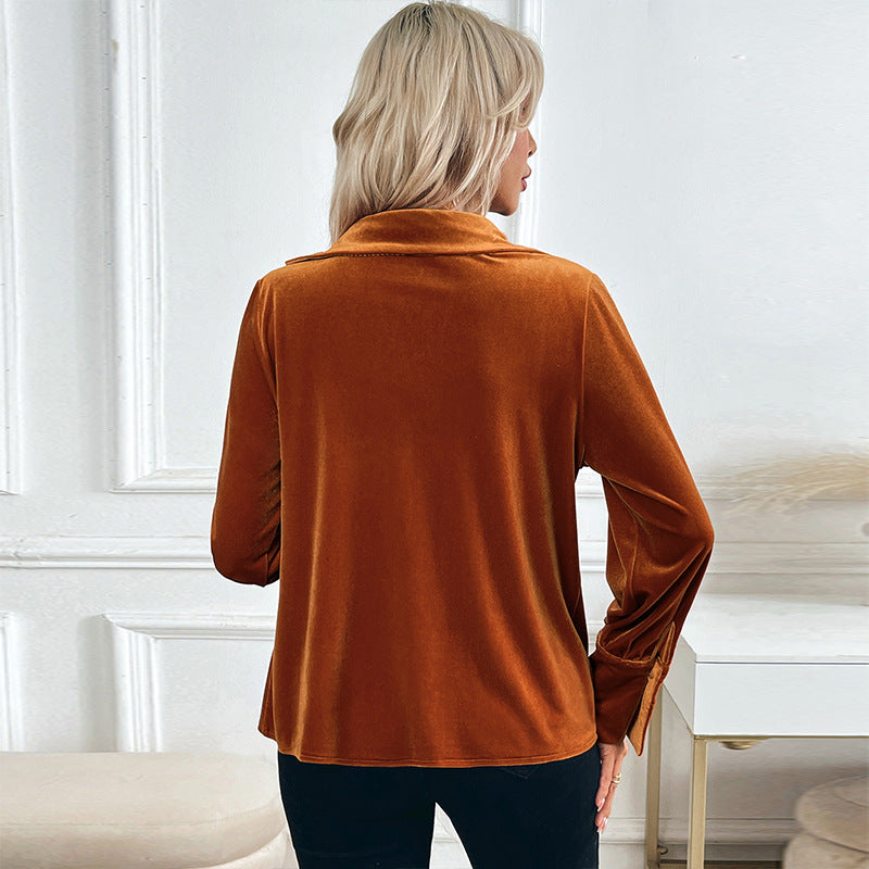 Women's velvet blouse with waterfall draping, shirt collar, and balloon sleeves Mune Fashion