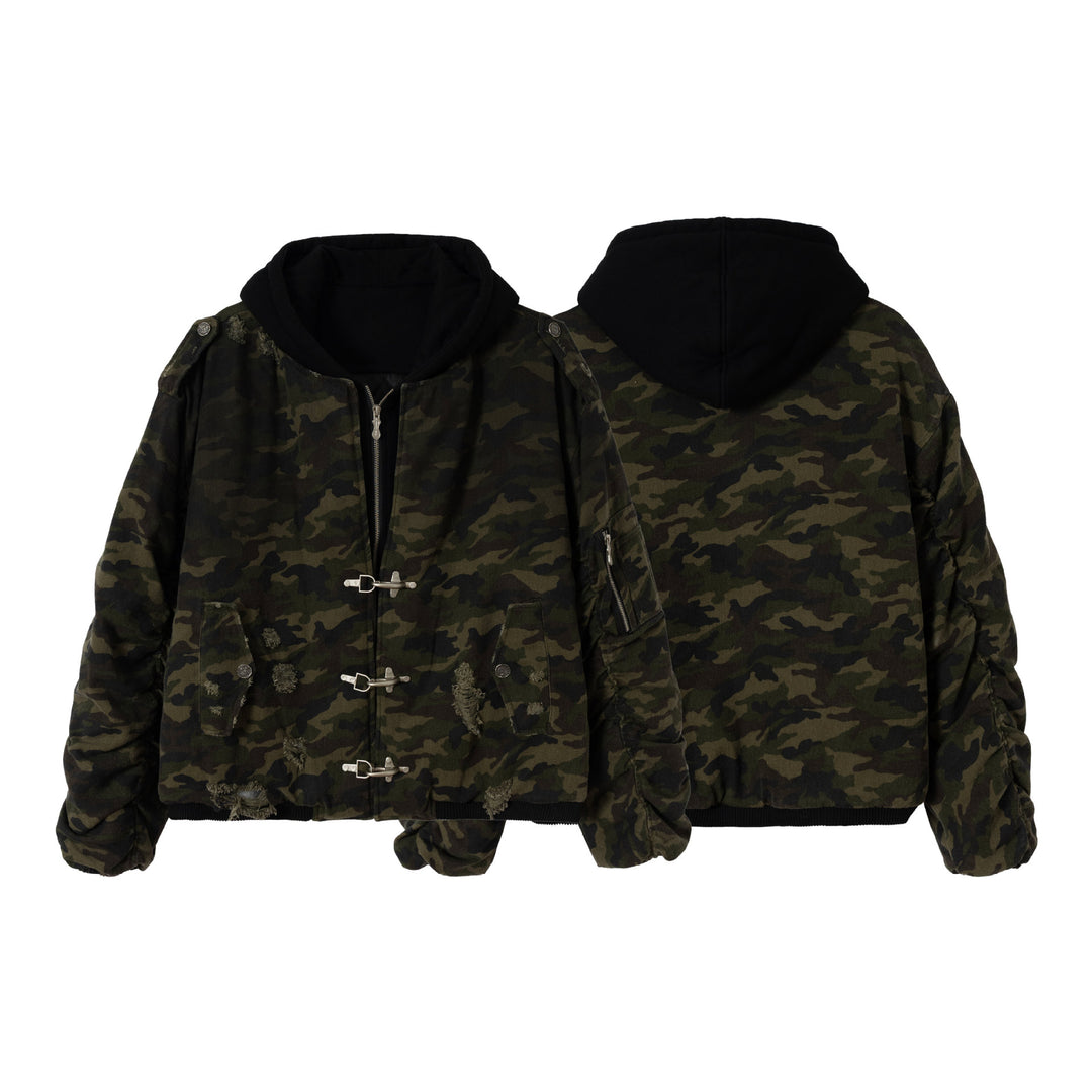 Men's Camouflage Utility Bomber Jacket with Hood, Distressed Details and Hook Closure Mune Fashion