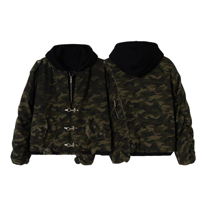 Men's Camouflage Utility Bomber Jacket with Hood, Distressed Details and Hook Closure Mune Fashion