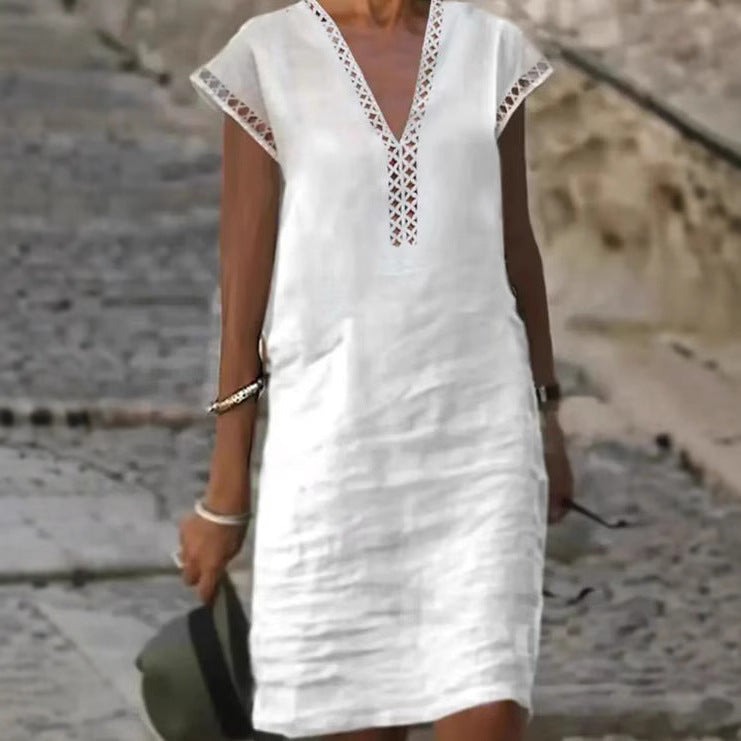 Women nan lightweight linen kaftan dress with V-neck and lace trim Mune Fashion