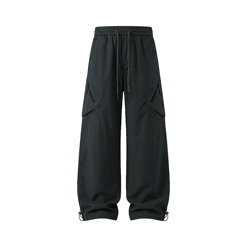 Men's Wide Technical Utility Cargo Pants with Drawstring Waist and Multifunctional Pockets Drune