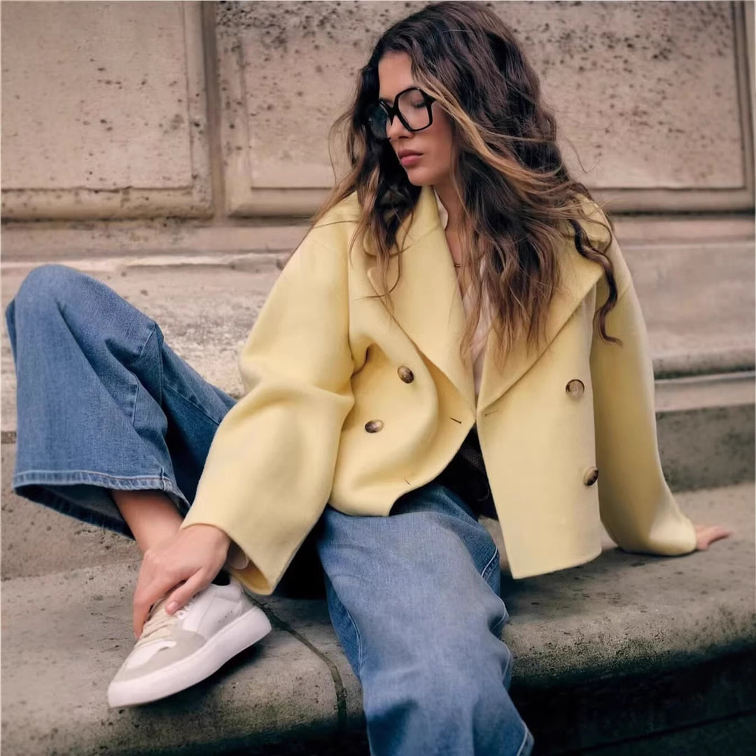 Women Short Oversize Wool Blend Double-Breasted with Wide Lapel Mune Fashion