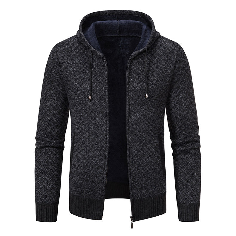 Men's jacquard zip knit jacket with hood and warm fleece lining Mune Fashion