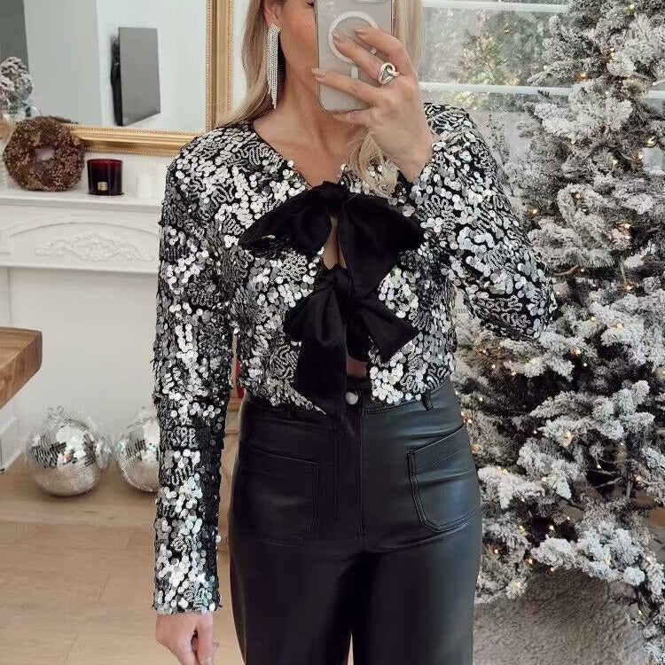 Women's Sequin Bolero Jacket with Double-Tied Satin Ribbons and Short Cropped Silhouette Mune Fashion