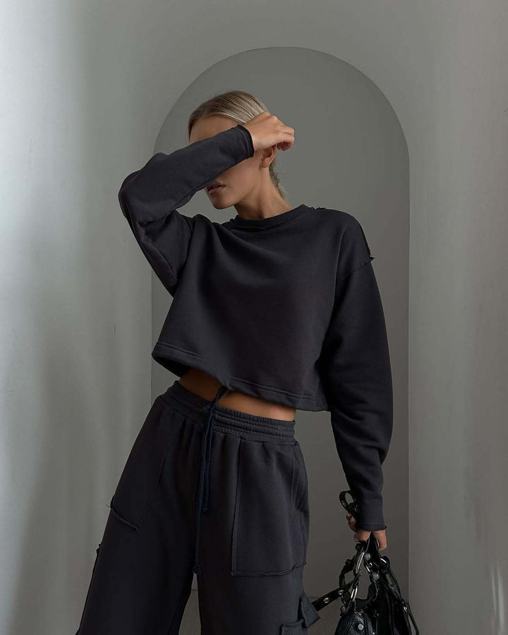 Women's Short Drawstring Sweatshirt with Ribbed Hem and Casual High-Waist Jogging Pants Mune Fashion