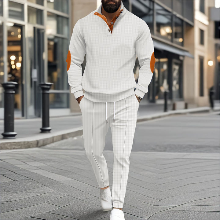 Men's fine-structured half-collar sweatshirt with button placket, decorative elbow patches, and casual hem finish Mune Fashion