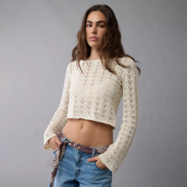 Women's Fine Knit Cropped Top with Openwork Pattern and Round Neckline Mune Fashion