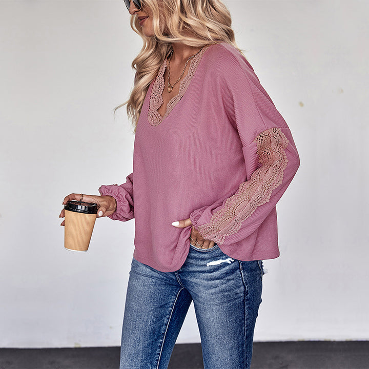 Women's Loose Shirt with V-Neck, Lace Trim and Balloon Sleeves Mune Fashion
