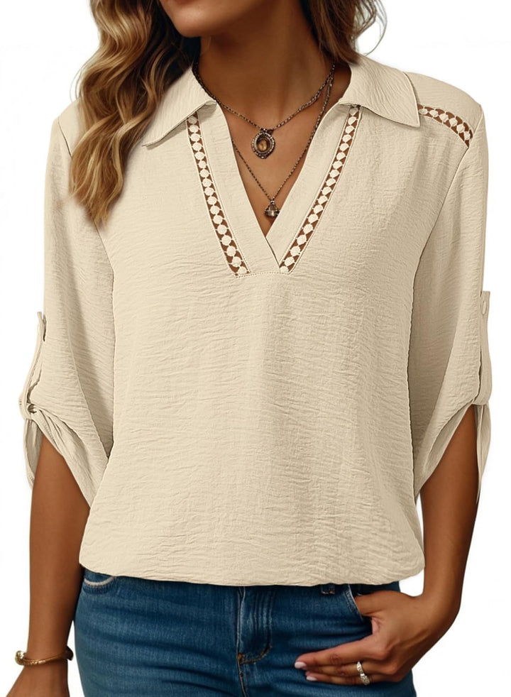 Women's blouse with V-neck, crocheted lace yoke and roll-up three-quarter sleeves Mune Fashion