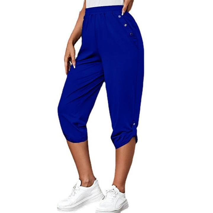 Women's casual three-quarter length pants with elastic waistband, side pockets and roll-up hem Mune Fashion