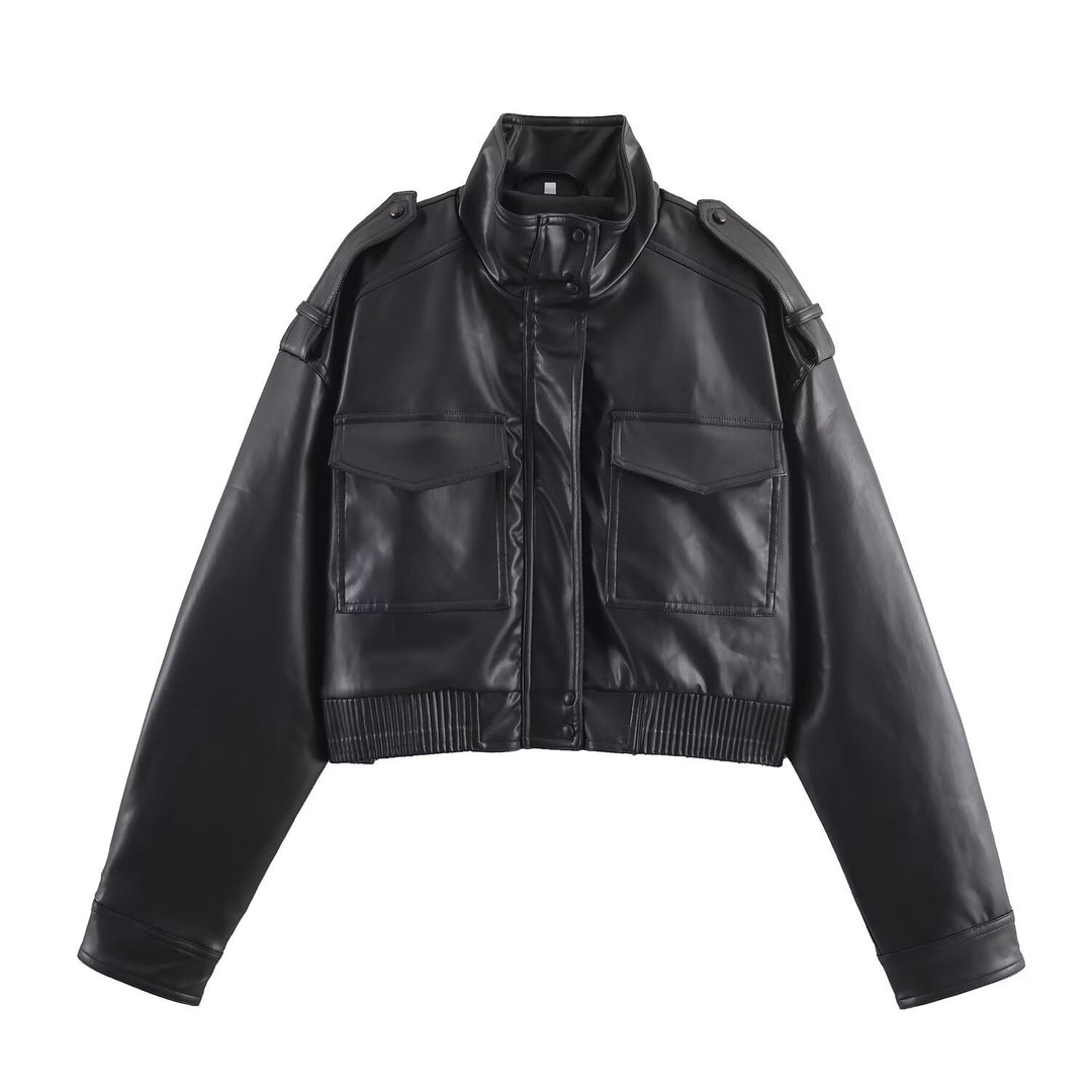Women's short-cut military-inspired faux leather jacket with high stand collar, flap pockets, shoulder epaulets, and ribbed cuff Mune Fashion