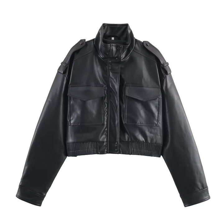 Women's short-cut military-inspired faux leather jacket with high stand collar, flap pockets, shoulder epaulets, and ribbed cuff Mune Fashion
