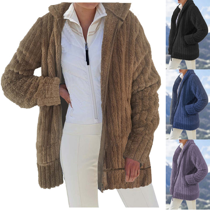 Women's Oversize Teddy-Fleece Hooded Coat with Ribbed Cuffs and Side Pockets Mune Fashion