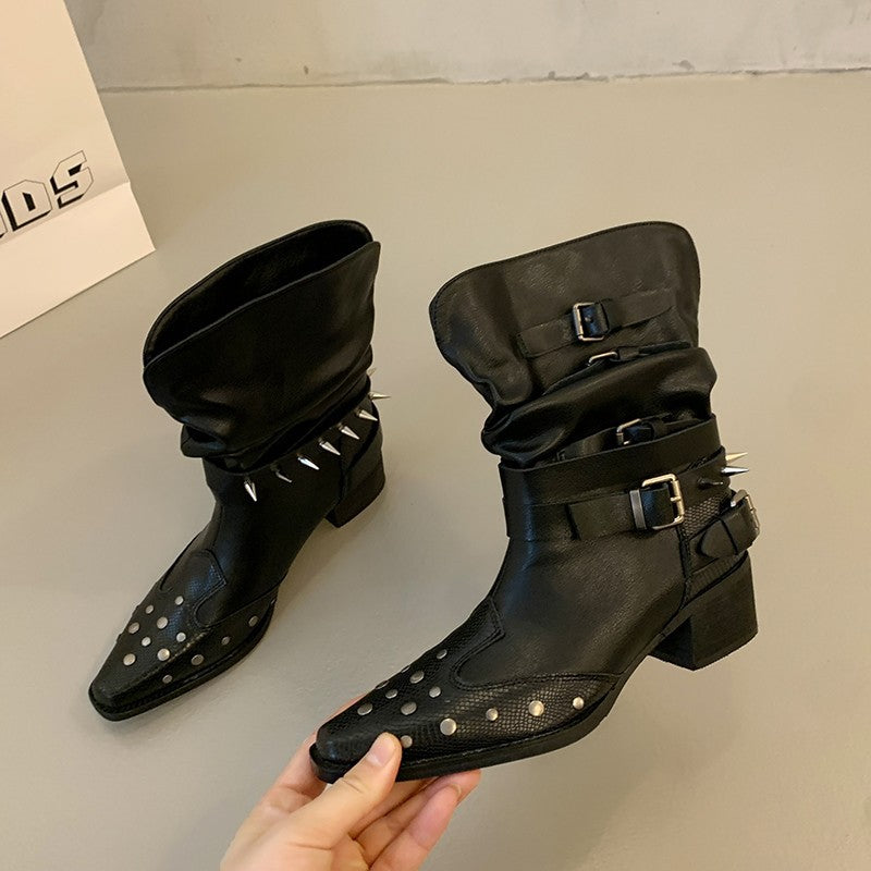 Ladies Stylish Ankle Boots with Buckles and Studs Mune Fashion