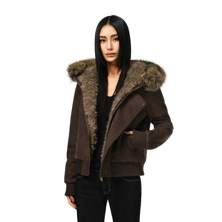 Women's short lambskin look bomber jacket with voluminous hood trim and thumb hole cuffs Mune Fashion