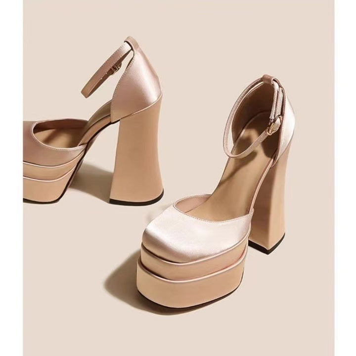 Women's ankle strap sandals with sculptural block heel, square toe, and crystal-embellished ankle strap Mune Fashion