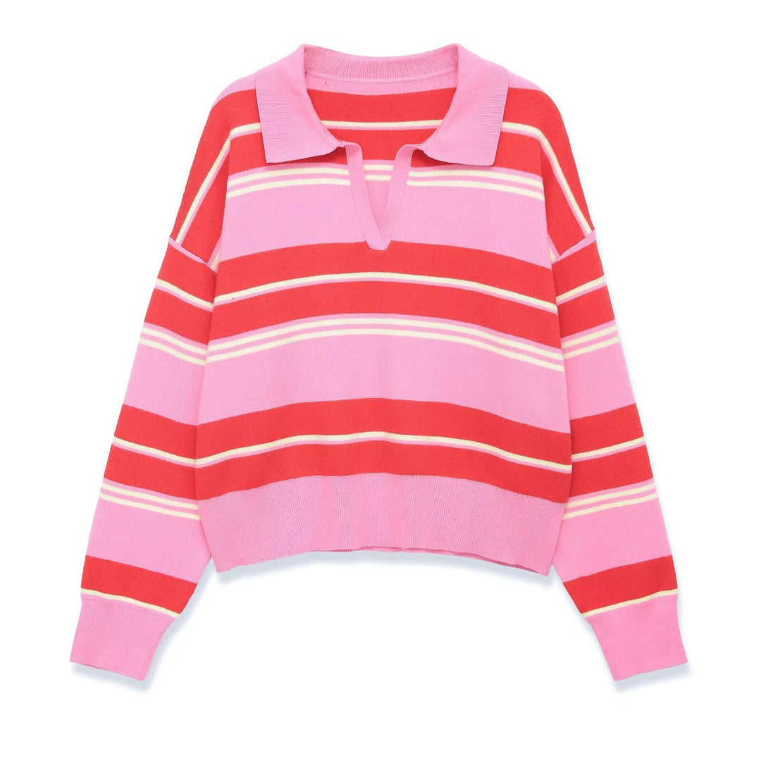 Women's Striped Polo Collar Sweater with Boxy Fit and V-Neck Mune Fashion
