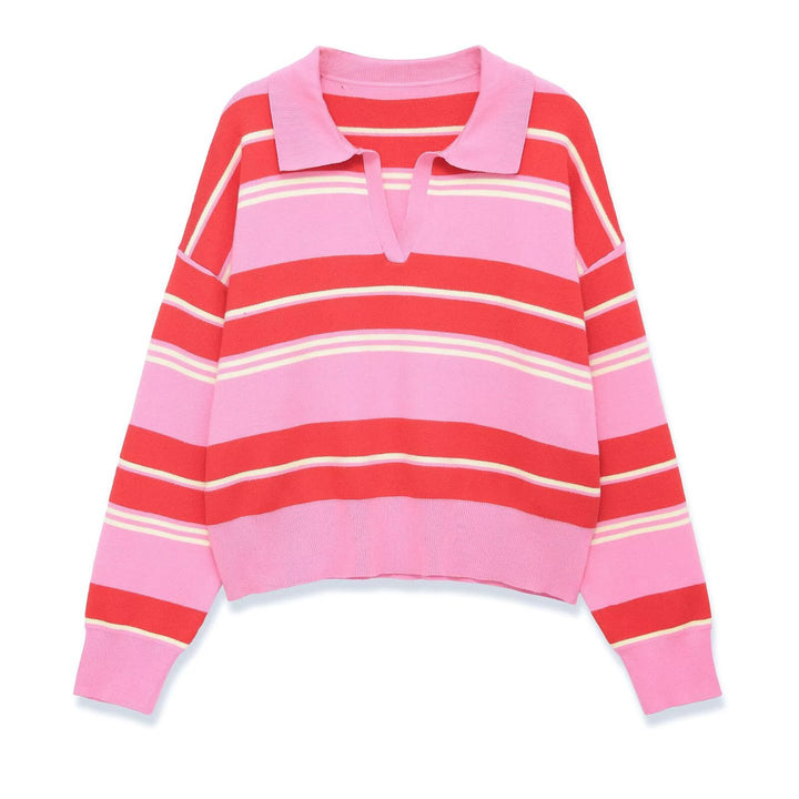 Women's Striped Polo Collar Sweater with Boxy Fit and V-Neck Mune Fashion