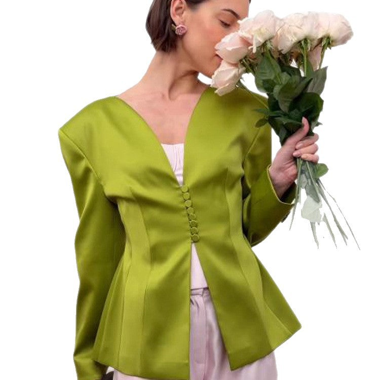 Women's Tailored Satin Blazer with Emphasized Peplum and Decorative Button Placket Mune Fashion