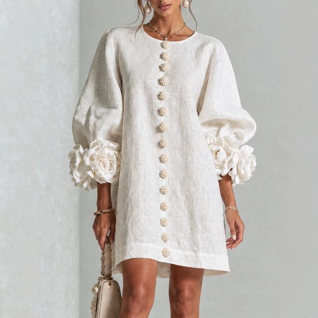 Women’s Short-Cut Linen Dress with 3D Flower Sleeves and Center Button Placket Mune Fashion