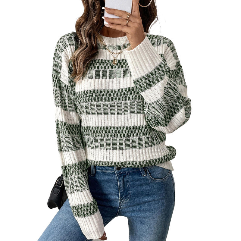 Women’s Fashionable Knitted Sweater with Block Pattern Mune Fashion