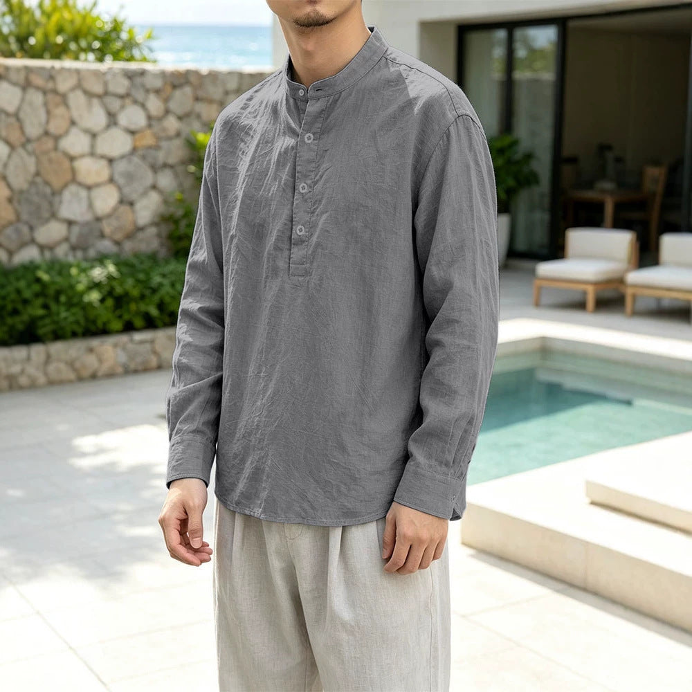 Men's Linen Blend Long Sleeve Henley Shirt with Stand Collar Mune Fashion