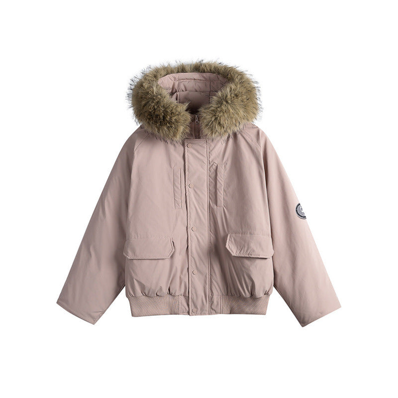 Women's short bomber jacket with thermal padding, hood with removable faux fur and utility pockets Mune Fashion
