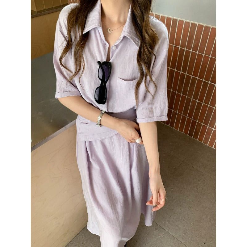 Women's Two-Piece Linen Look Blouse and Midi Skirt Set with Tailored Waist Mune Fashion