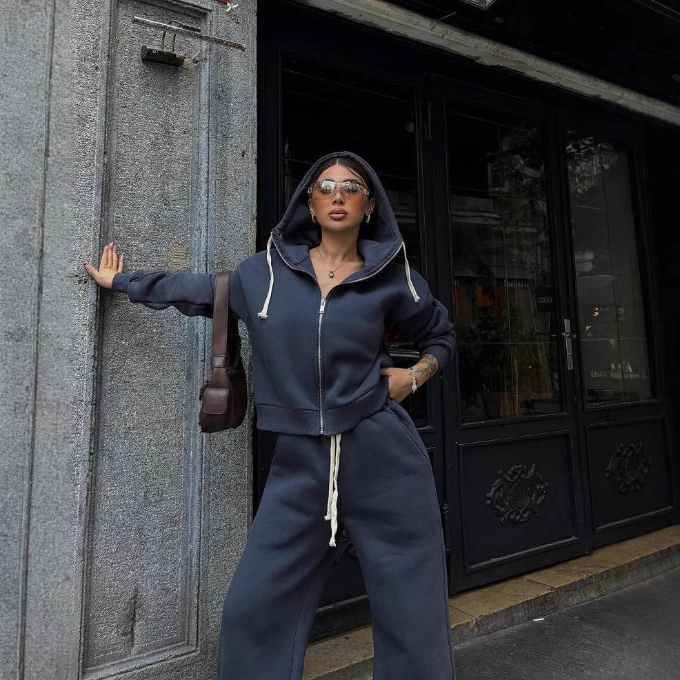 Women's Cotton Blend Cropped Zip Hoodie with Oversized Hood and High-Waist Wide-Leg Sweatpants Mune Fashion