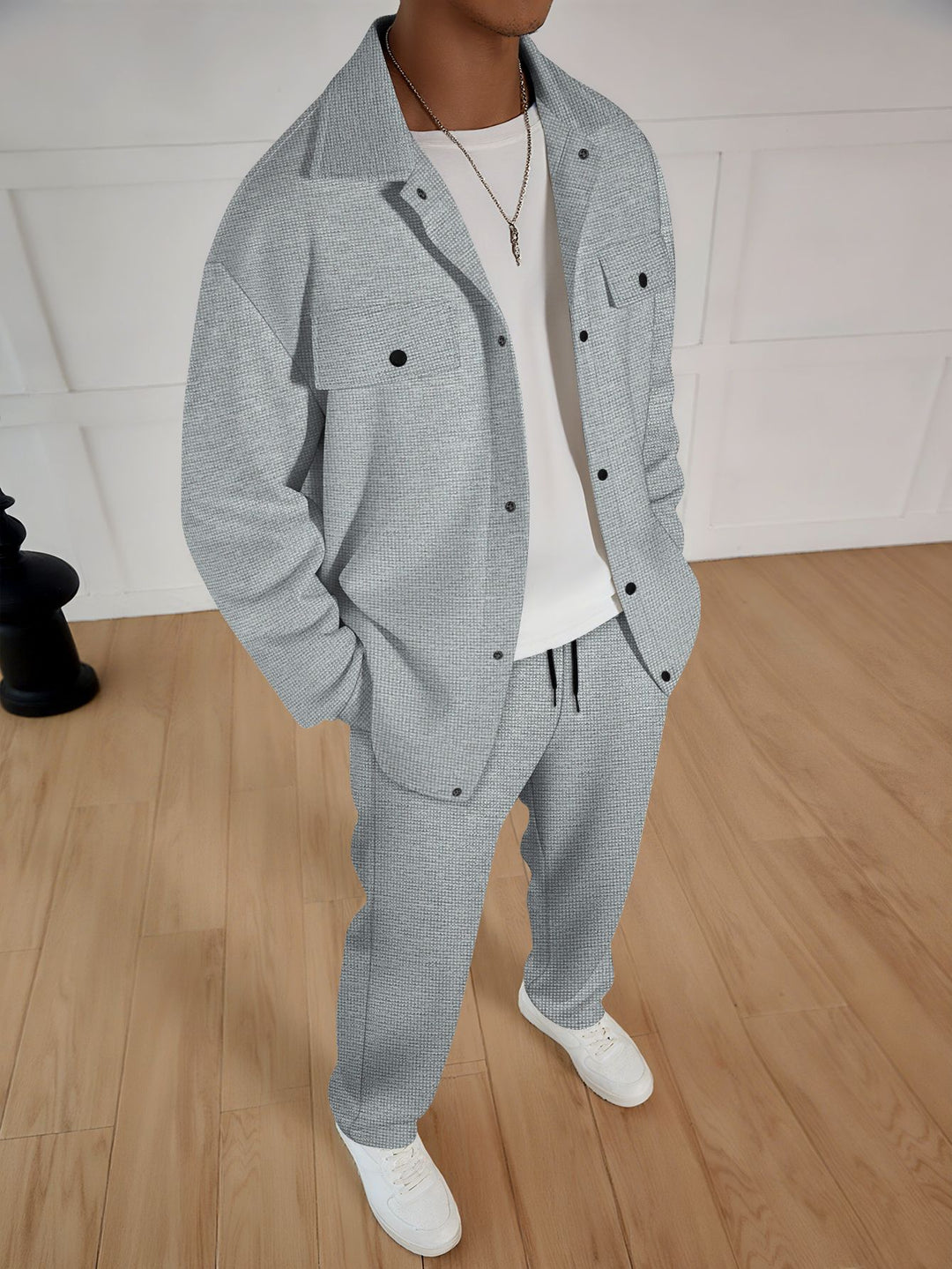 Men's two-piece overshirt lounge set with patch flap pockets, drawstring pants, and fine waffle texture Mune Fashion