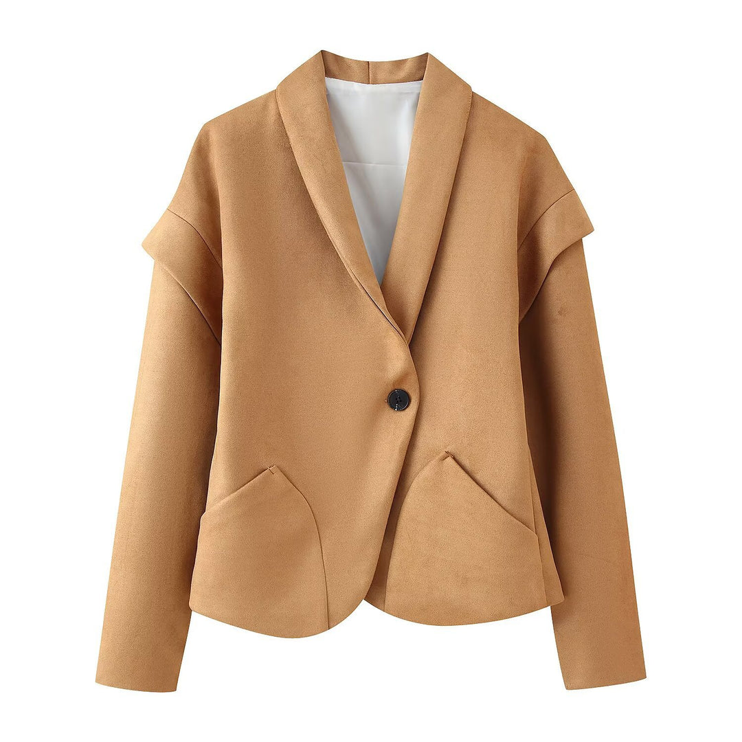 Ladies short blazer made of suede look with shawl collar and rounded hem Mune Fashion