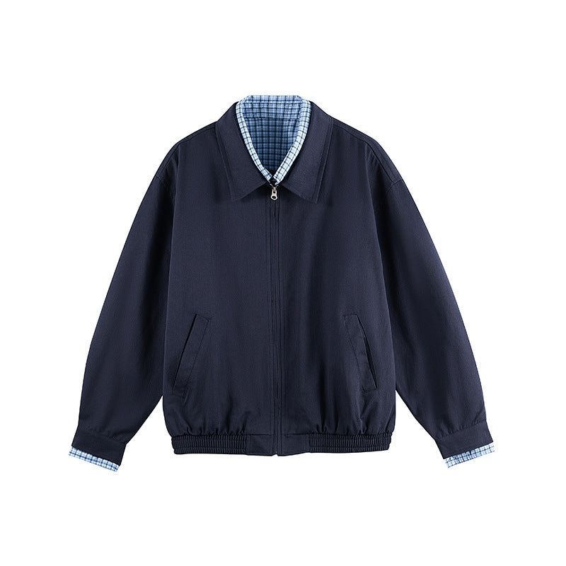 Men's Lightweight Bomber Jacket with Zipper, Checked Lined Collar and Elastic Hem Mune Fashion