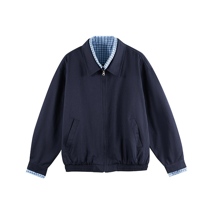 Men's Lightweight Bomber Jacket with Zipper, Checked Lined Collar and Elastic Hem Mune Fashion