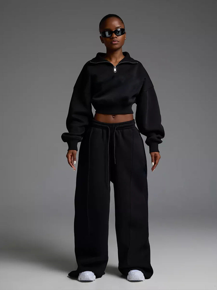 Women's short Half-Zip sweatshirt set with high-waisted wide lounge jogging pants Mune Fashion