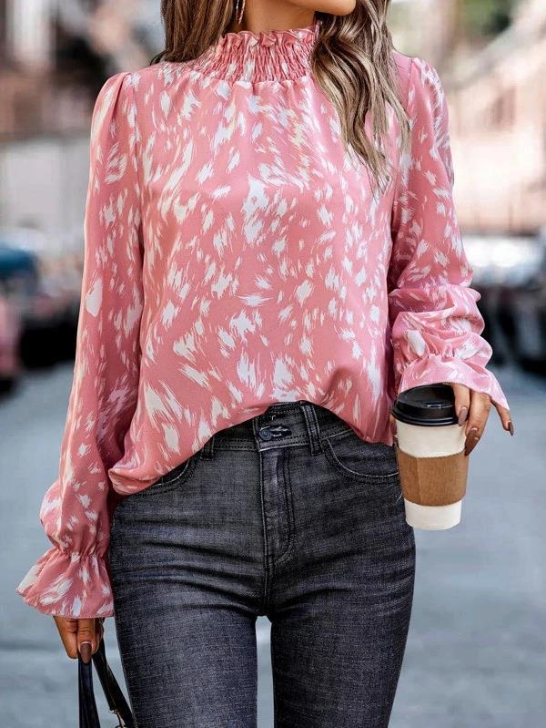 Women's Long Sleeve Chiffon Blouse with Ruffled Stand Collar and Spot Pattern Drune