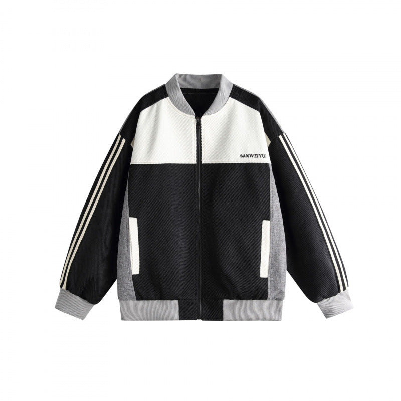 Unisex Short Cut Boxy Bomber Jacket in Sportline Style with Full Zip, Contrasting Stripe Sleeves and Ribbed Cuffs Mune Fashion