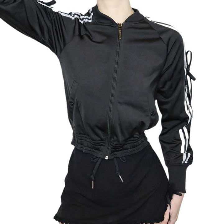 Women's sporty zip jacket in bomber style with side stripes, sleeve ties, and drawstring hem Mune Fashion