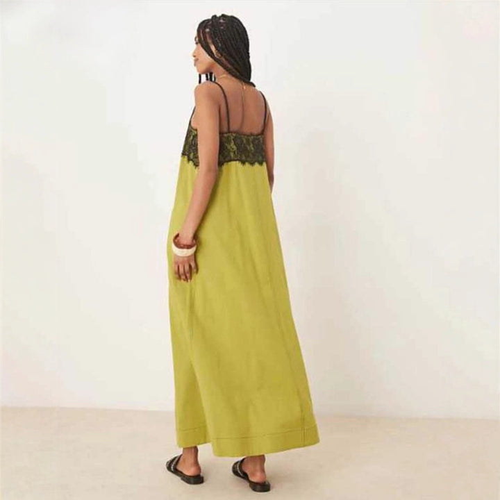 Women's nightgown inspired maxi dress with lace bustier and narrow spaghetti straps Mune Fashion