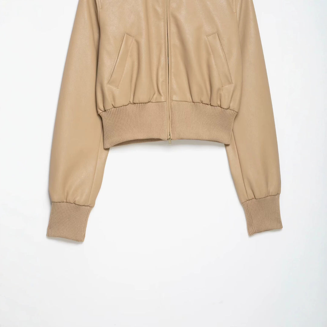 Women's short-cut leather blouson with high ribbed collar Mune Fashion