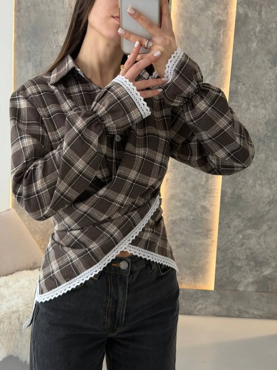 Women's checked shirt with lace trim and asymmetrical wrap hem Mune Fashion