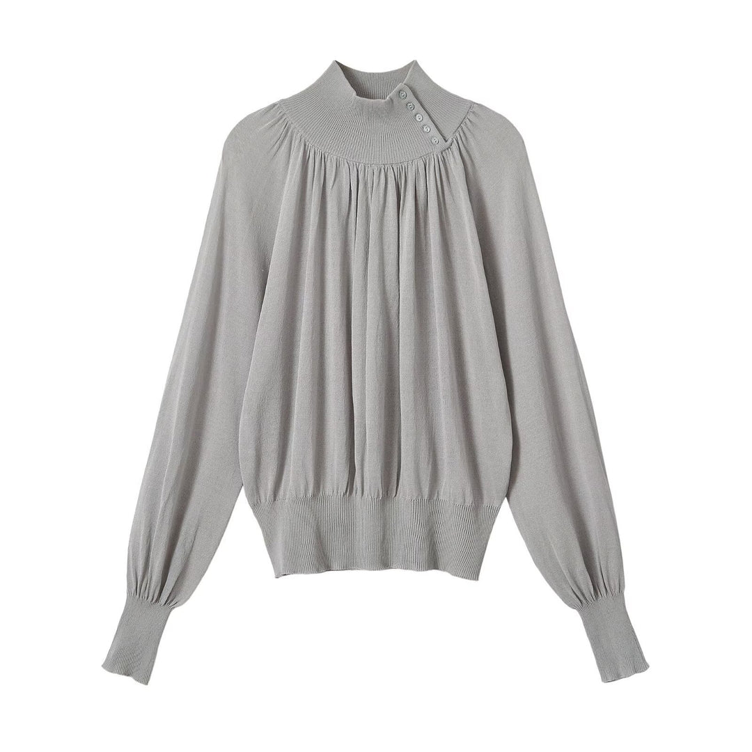 Ladies balloon sleeve fine-knit sweater with gathered stand-up collar and button detail Mune Fashion
